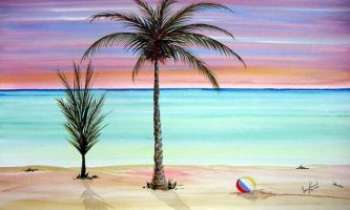 512 | Aquarelle Caraïbes - Une plage déserte avec un ballon...l'enfant n'est pas loin !