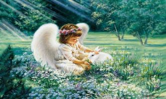 puzzle Un contact d'ange, Un rayon de lumière sur un jardin où un petit ange caresse un lapin 