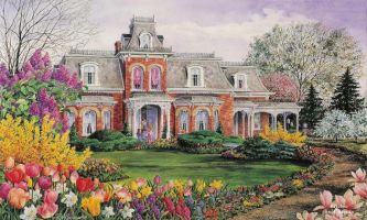 puzzle Maison victorienne, Belle maison victorienne entourée d'un beau jardin de tulipes et de roses colorées.