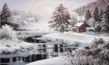 929 | Soirée d'hiver - Remarquable peinture d'Hiver d'un petit village rural qui est entouré par de grands Pins et une rivière qui est partiellement gelée.