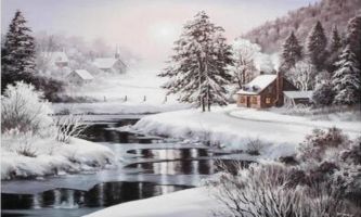 puzzle Soirée d'hiver, Remarquable peinture d'Hiver d'un petit village rural qui est entouré par de grands Pins et une rivière qui est partiellement gelée.