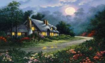 946 | Maison à la campagne - Belle peinture par l'artiste Anthony Casay. Maison entourée de fleurs et illuminée par la pleine lune