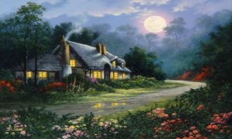 puzzle Maison à la campagne, Belle peinture par l'artiste Anthony Casay. Maison entourée de fleurs et illuminée par la pleine lune