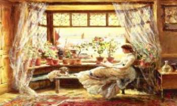 948 | Une place préférée - Une jeune fille assise sur un banc lisant devant une fenêtre ensoleillée avec son chien à ses pieds.