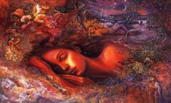 952 | Beau rêve - Une belle femme dort dans un lit coloré de fleurs. 