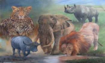 968 | Les cinq grands - Merveilleuse peinture de l'artiste David Stribbling. Les cinq Grands se réfèrent à cinq des plus grands animaux sauvages d'Afrique : le lion , le léopard, l'éléphant, le buffalo et le rhinocéros.