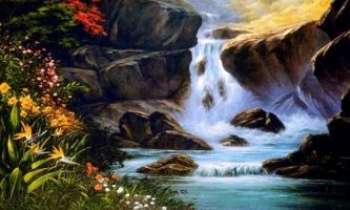 970 | Chute d'eau et nature - Une chute d'eau anime une falaise rocheuse décorée par des fleurs rouges et jaunes.
