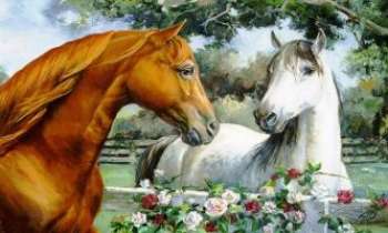 1023 | Chevaux - Peinture de deux chevaux dans un pré entouré de roses rouges et blanches