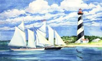 1049 | Passage  devant le phare - Peinture représentant deux voiliers naviguant devant un phare