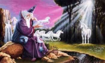 1059 | Sorcier - Dessin représentant un sorcier assis sur un rocher entouré de licornes