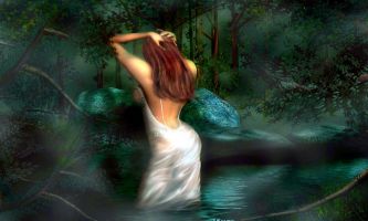 puzzle Femme du lac, Cette jeune femme prend un bain dans ce lac caché par la forêt, quoi de plus normal ?