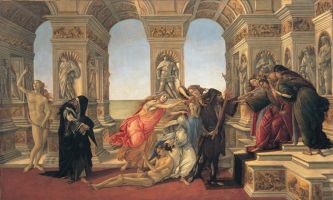 puzzle Botticelli - La Calomnie, Oeuvre de Botticelli, peintre italien à l'inspiration religieuse (1444-1510). Une architecture imposante, pour mieux révéler la grâce de la femme...  