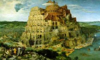 1467 | Bruegel- La Tour de Babel - <> Bruegel l'Ancien - La Tour de Babel , dont le sommet perce les nuages, domine une ville flamande aux toits gothiques. Elle se trouve au bord d'un port dont le trafic semble dense. On est frappé par l'activité sans relâche, par les détails microscopiques de construction. 