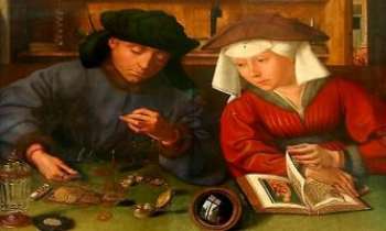 1587 | Le prêteur et sa femme - Toile de Quentin Metsys, peintre flamand (1465-1530). Dans la lignée de son prédécesseur, Van der Weyden, il est le précurseur de la peinture de genre profane, qui sera développée par les peintres flamands un siècle plus tard. Il est aussi un des premiers à emprunter aux innovations italiennes de l'époque.