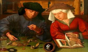 puzzle Le prêteur et sa femme, Toile de Quentin Metsys, peintre flamand (1465-1530). Dans la lignée de son prédécesseur, Van der Weyden, il est le précurseur de la peinture de genre profane, qui sera développée par les peintres flamands un siècle plus tard. Il est aussi un des premiers à emprunter aux innovations italiennes de l'époque.