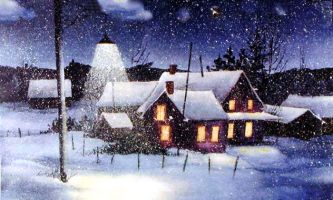 puzzle Sous la neige, L'atmosphère feutrée des soirées hivernales...les bêtes sont rentrées à l'étable, les occupants de la maison bien au chaud.