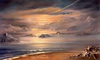 2163 | Méditation - Un coucher de soleil sur des montagnes imaginaires où tout se confond : terre, mer et ciel. 