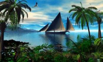 2195 | Mer du Sud - Un paradis des tropiques pour ce voilier qui vogue paisiblement, et nous fait rêver de voyages au long cours.