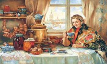 2320 | Noël Russe - Confitures, fruits, gâteaux, le thé bien au chaud, le chat et sa maitresse partagent un doux moment ensemble en attendant les invités autour de cette table de fête. 