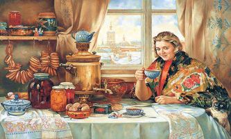 puzzle Noël Russe, Confitures, fruits, gâteaux, le thé bien au chaud, le chat et sa maitresse partagent un doux moment ensemble en attendant les invités autour de cette table de fête. 