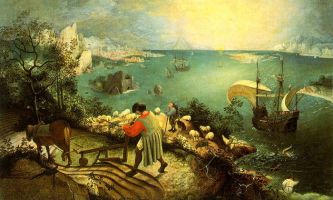 puzzle La chute d'Icare, La chute d'Icare, un tableau de Brueghel l'ancien peint en 1558, bien qu'allégorique, laisse apparaître les prémices du romantisme en utilisant des personnages réalistes et des paysages sublimés.