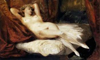 2300 | La sensualité - Un nu allongé, anonyme du 19ème siècle : le romantisme a son apogée. La sensualité y est présente tant par les précieux tissus aux couleurs profondes et chaleureuses que par la grâce du trait et la féminité des modèles choisis.