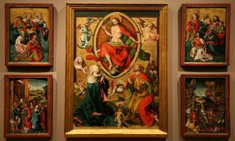puzzle Poliptyque Renaissance, Oeuvre de la Renaissance, en cinq parties, pour ce poliptyque par un Maître anonyme du Tyrol, avec la Nativité pour thème central.