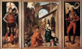 2597 | Triptyque - Albert Dürer - Le retable Paumgartner, commandé par la famille du même nom, à Albert Dürer pour une église de Nuremberg. Exécuté entre 1500-1504, il est racheté un siècle plus tard par l'Empereur Maximilien, et envoyé à Munich. On peut y voir à gauche Saint-Eustache, à droite St-George, entourant une scène de la Nativité.

