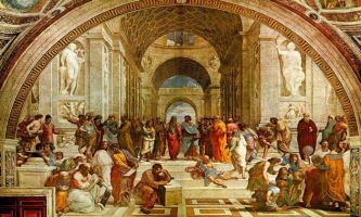 puzzle Raphaël - Ecole d'Athènes, Une fresque monumentale du peintre Raphaël, peinte entre 1509 et 1510. Elle se trouve dans la Chambre des Signatures, dans les musées du Vatican. Une rupture avec les sujets religieux de l'époque.