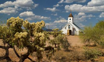 puzzle Eglise - Arizona, Située en Arizona, dans une zône semi-désertique, près de la chaîne appelée Superstitions Mountains, qui fait partie des monts Apache. On y rencontre également cet arbre gracieux, nommé Cholla, tout au long de cette route.