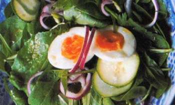 2664 | Salade printanière - Une salade de printemps, simple et délicieuse, pour savourer les jeunes pousses d'épinards frais. Agrémentée d'oeufs mollets, pour le plaisir des yeux tout autant que gustatif. 