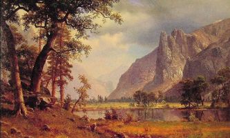 puzzle Vallée du Yosemite, Par le peintre Albert Bierstadt, peint en 1865. De l'école de Düsselforf, ce peintre d'expression romantique, et de nationalité germano-américaine, a beaucoup participé à l'évolution du Grand Ouest Américain. Ici, une des vallées du Yosemite, devenu un parc national en Californie. 
