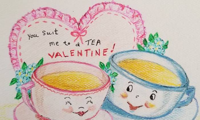 puzzle Tea Time Valentine, Une jolie carte postale ancienne, deux petites tasses de thé amoureuses