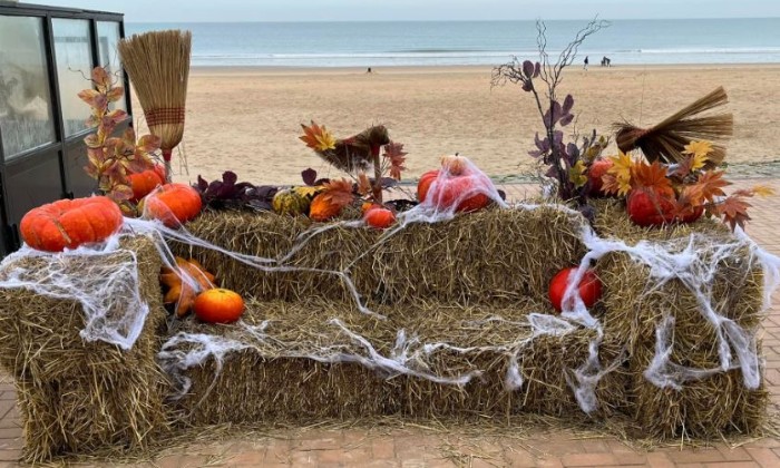 puzzle Halloween envahit la plage, Un banc décoré pour Halloween s'invite sur la plage