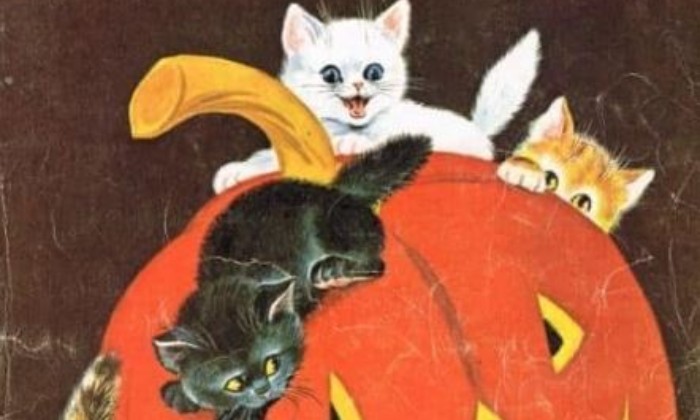 puzzle carte postale d'antan, Halloween, quand des chatons espiègles jouent avec une citrouille, tout le charme d'une photo d'antan
