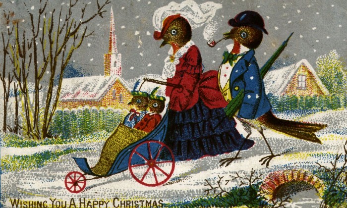 puzzle Noël carte de vœux ancienne, Une famille de rouges-gorges se promenant sur un chemin enneigé (1870)